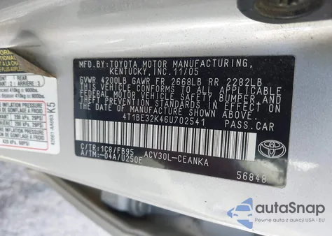 2006 Toyota Camry Std from USA, damaged, VIN 4T1BE32K46U702541